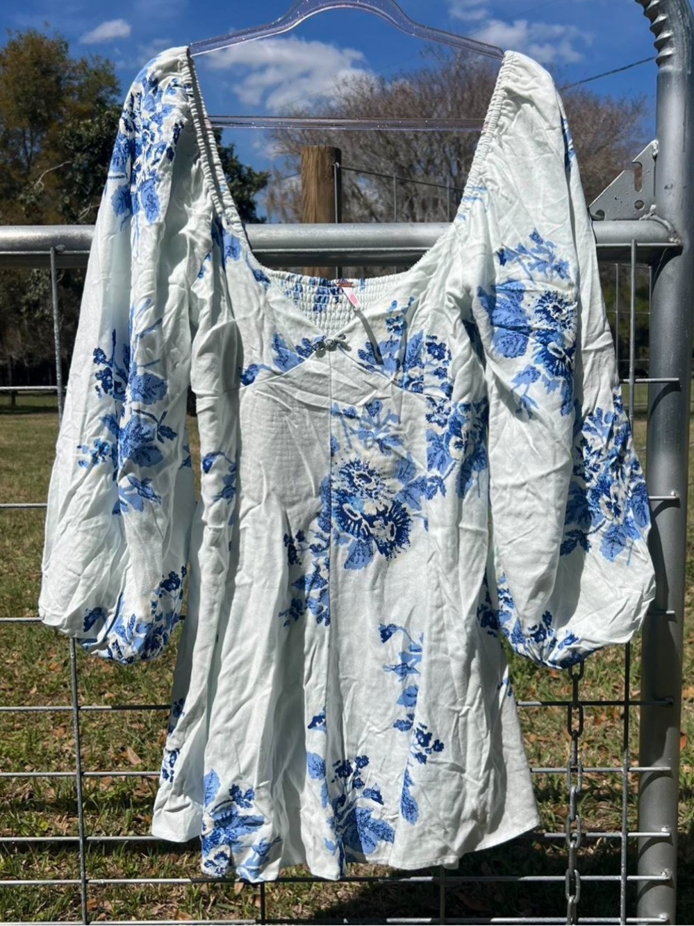 Free People Dress Blue Floral Print - Puff Sleeve